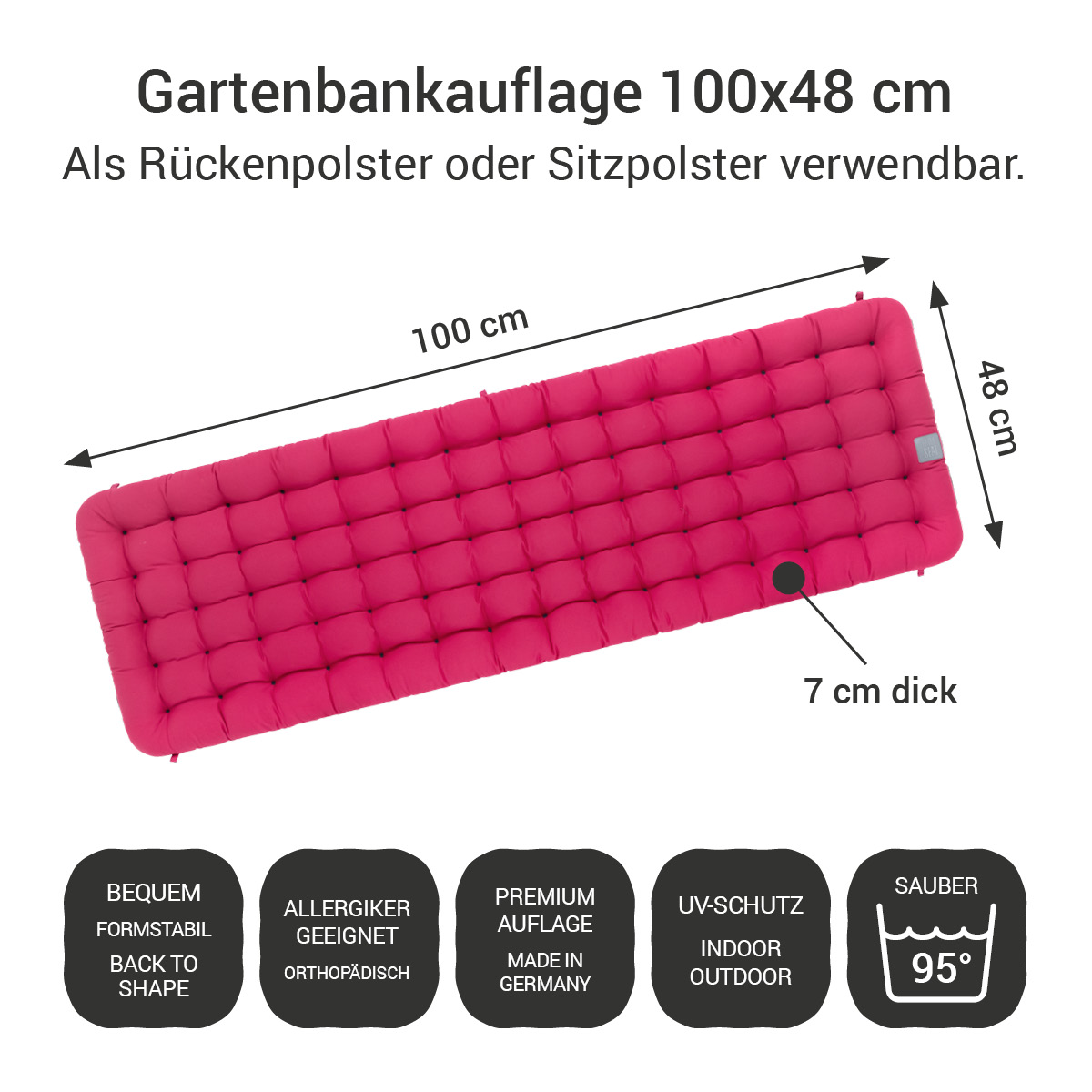 Gartenbankauflage hot pink | 100x48 cm / 100 x 50 cm | bequem & orthopädisch, komplett im Ganzen waschbar bis 95°C, wetterfest, Made in Germany