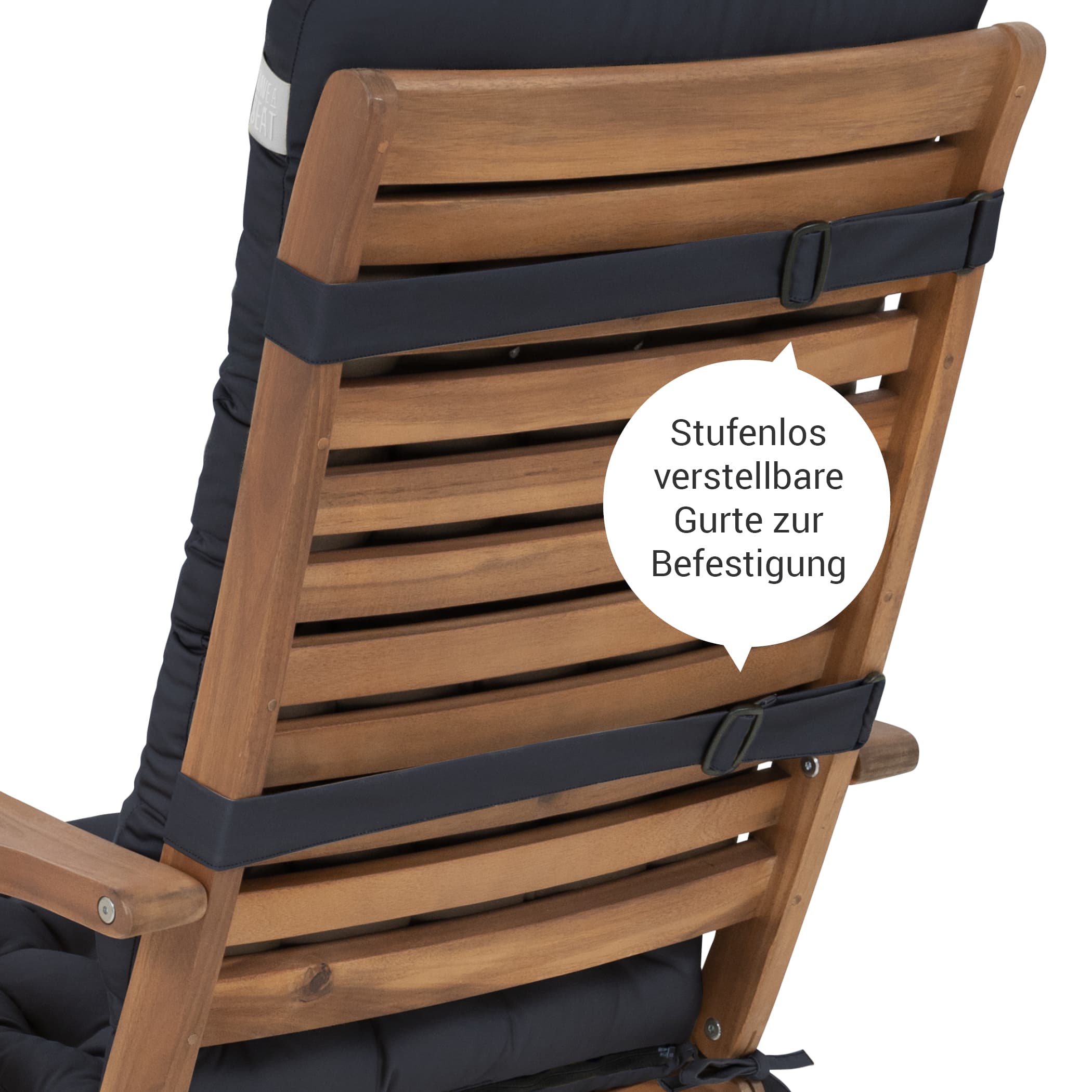 Stuhlauflage Hochlehner 120x48 cm | Marine-Blau | HAVE A SEAT Living Hochlehner Auflage Luxury in Marine Blau - Detailansicht der Stufenlos verstellbaren Gurte zur Befestigung - Rückansicht