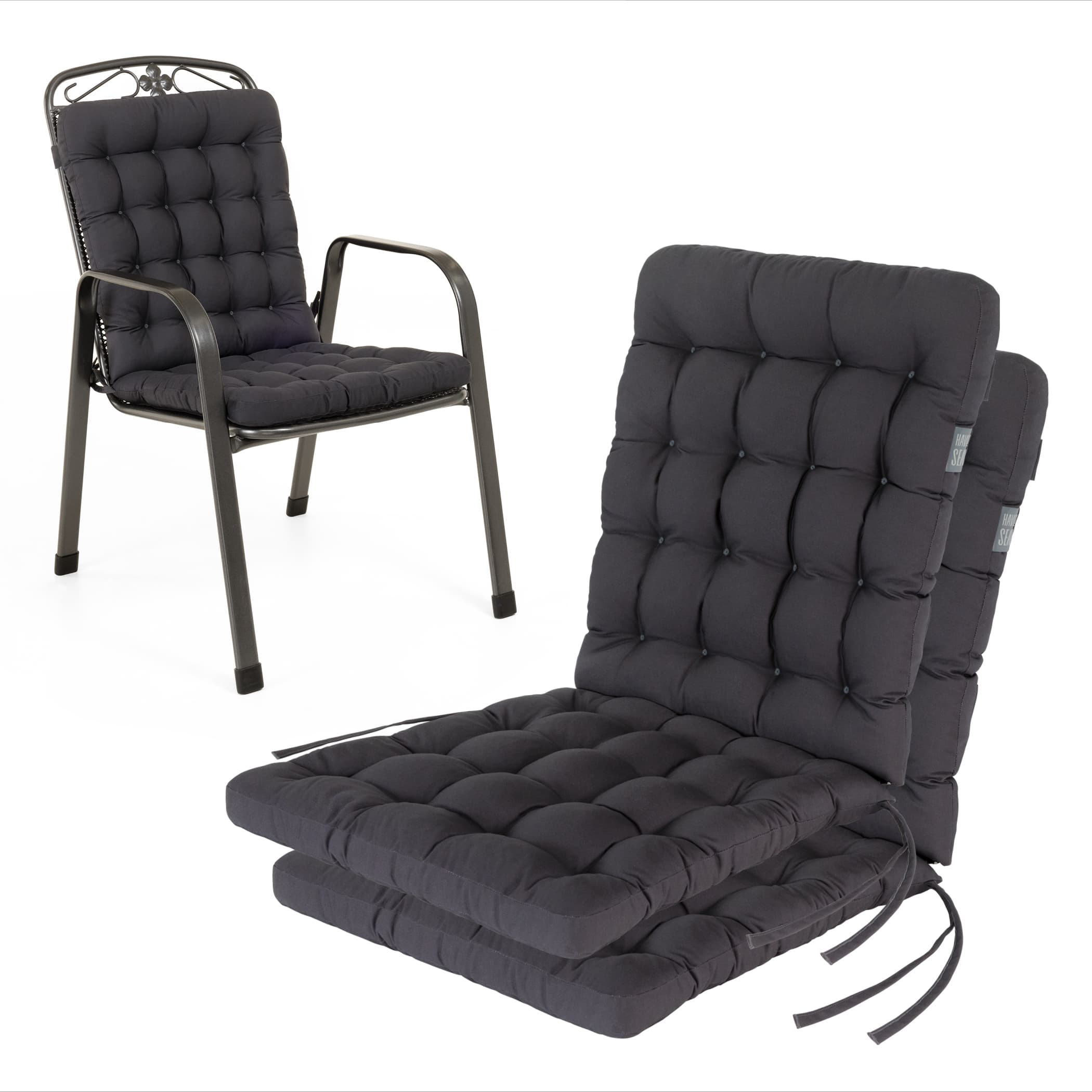 Niedriglehner Auflagen | Grau / Anthrazit | 1 St. | HAVE A SEAT Living Niedriglehner Auflagen Luxury 100x48 cm in  Grau / Anthrazit, 2er Set - seitliche Produktansicht und Ansicht montiert auf  MWH Metall-Gartensessel Savoy