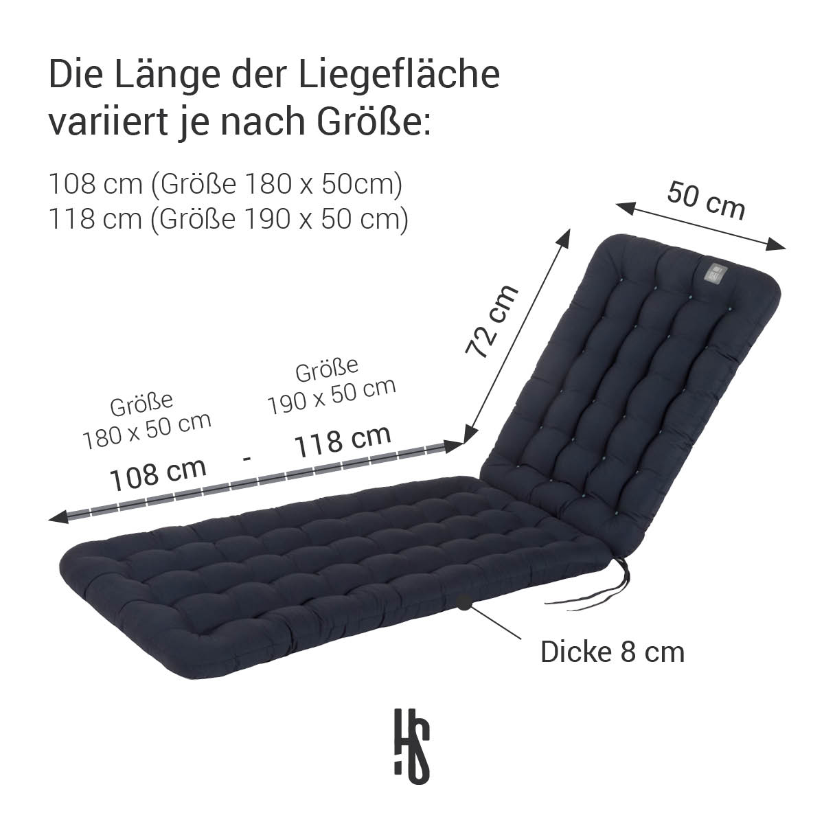 Deckchair Auflage Marine-Blau 180x50 cm / 190x50 cm, Polsterung 8 cm Dick mit Rückenteil 72 cm lang | orthopädische Liegefläche | HAVE A SEAT Living