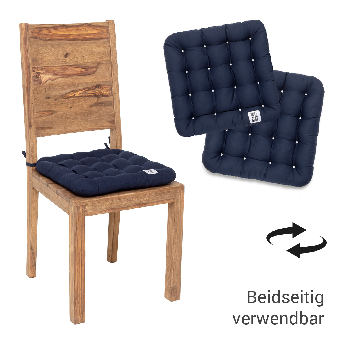 Premium Stuhlkissen 40x40 zum Binden in Marine-Blau, das Stuhlsitzkissen kann auf beiden Seiten verwendet werden | HAVE A SEAT Living