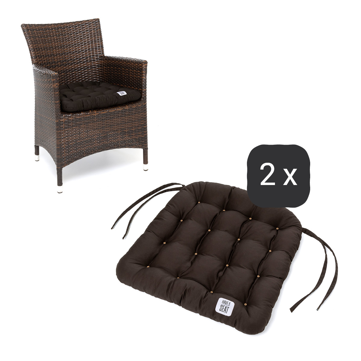 Sitzkissen für Rattanstühle 48x46 cm | Braun | 2er Set | Premium-Sitzkomfort | Indoor / Outdoor | waschbar bis 95°C | HAVE A SEAT Living