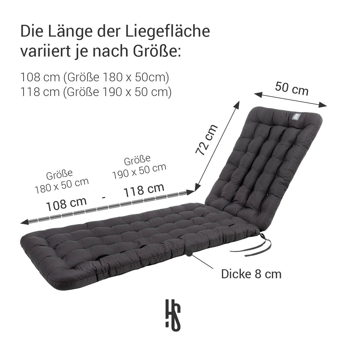 Deckchair Auflage Grau in 180x50 cm / 190x50 cm, Polsterung 8 cm Dick mit Rückenteil 72 cm lang | orthopädische Liegefläche | HAVE A SEAT Living