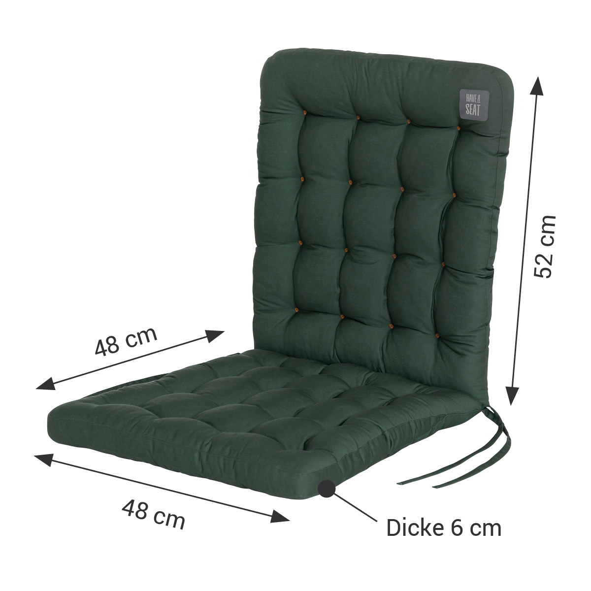 Dunkelgrüne Stuhlauflage für Niedriglehner Gartenstuhl | Rückenpolster 52x48 cm, Sitzpolster 48x48 cm, Dicke 6 cm, Gesamtgröße 120x48 cm 