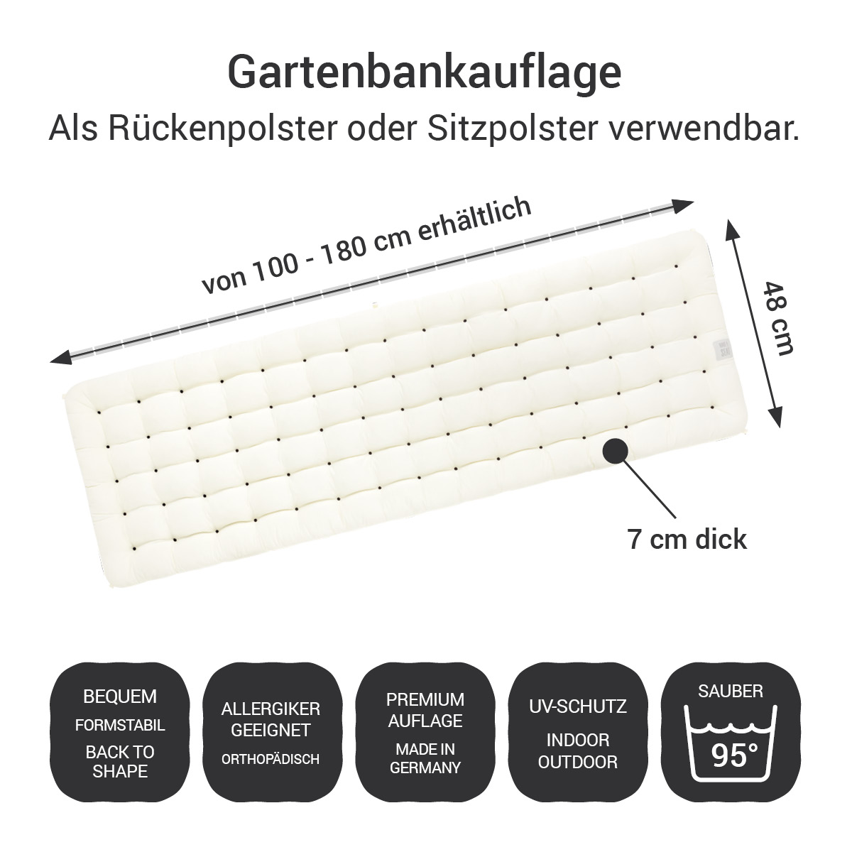 Gartenbank Auflagen 2tlg. weiß | 100 - 180 cm | HAVE A SEAT Living Gartenbank Auflagen weiß 2tlg. (Sitz- / Rückenpolster) bequem, Allergiker geeignet, orthopädisch, UV-Schutz, Indoor / Outdoor, Made in Germany