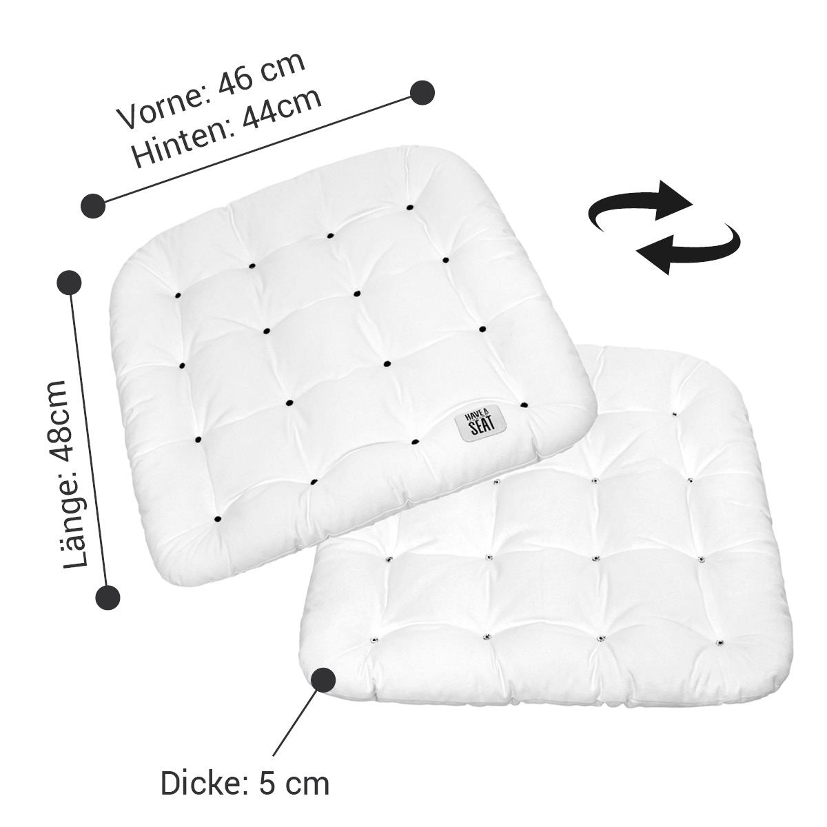 Premium Sitzkissen 48x46, 5 cm dicke Riegel-Polsterung (kälteabweisend), das Kissen kann auf beiden Seiten verwendet werden | HAVE A SEAT Living