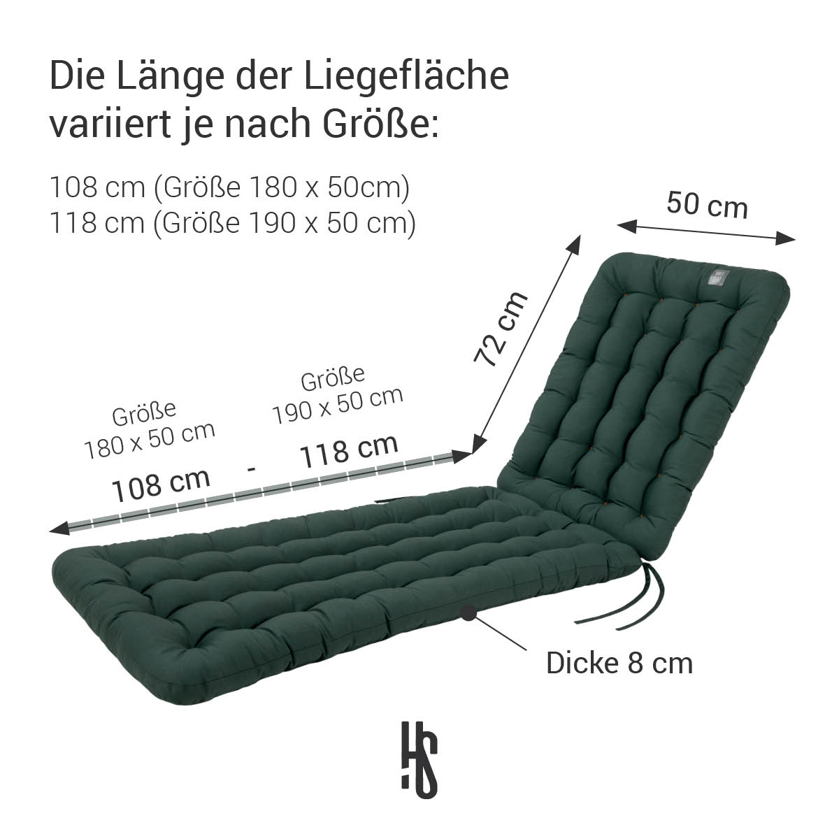 Deckchair Auflage Moosgrün 180x50 cm / 190x50 cm, Polsterung 8 cm Dick mit Rückenteil 72 cm lang | orthopädische Liegefläche | HAVE A SEAT Living
