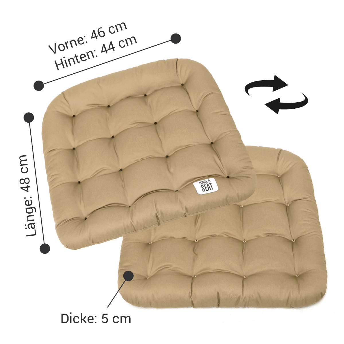 Premium Sitzkissen 48x46, 5 cm dicke Riegel-Polsterung (kälteabweisend), das Kissen kann auf beiden Seiten verwendet werden | HAVE A SEAT Living