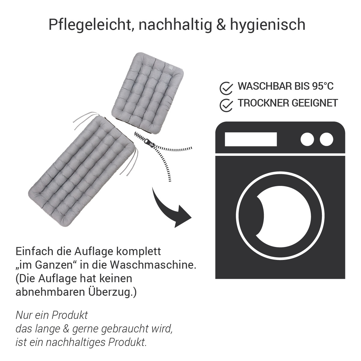 Deckchair Auflage Hellgrau mit Nackenkissen, komplett waschbar bis 95°C (das Sitzpolster & Kissen haben keinen Überzug) | HAVE A SEAT Living