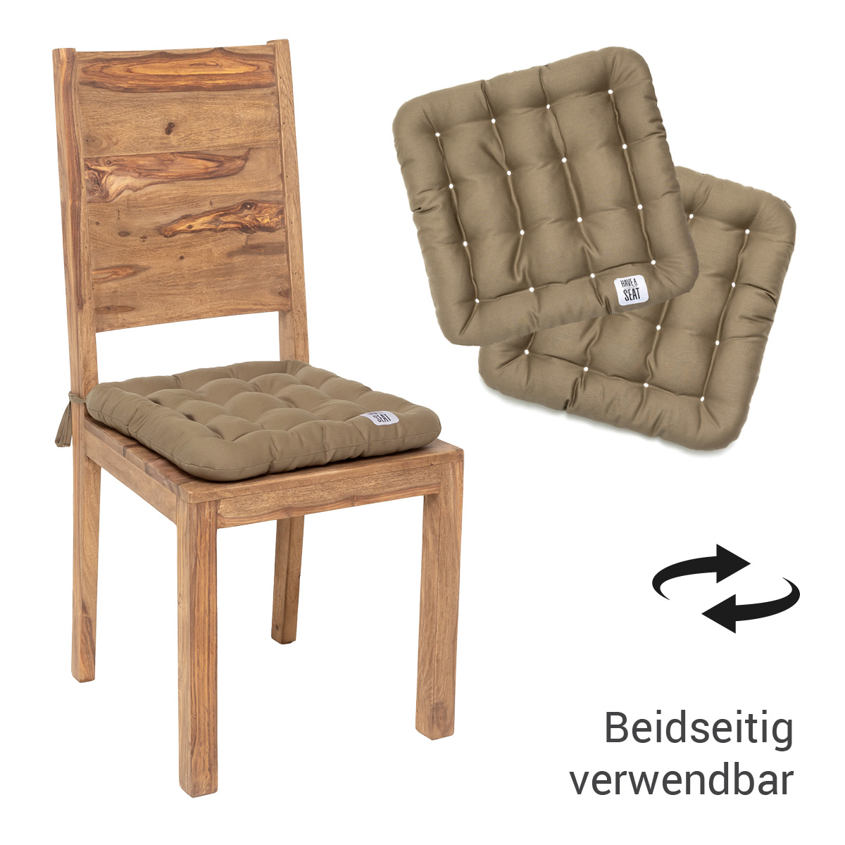 Premium Stuhlkissen 40x40 zum Binden in taupe / goldbraun, das Stuhlsitzkissen kann auf beiden Seiten verwendet werden | HAVE A SEAT Living