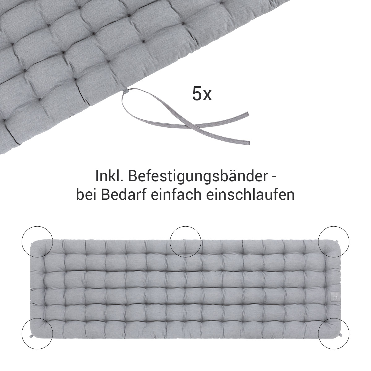 HAVE A SEAT Living | Gartenbank Sitzpolster mit 5 Bändern | Hellgrau HAVE A SEAT Living Polsterauflage hellgrau für Gartenbank mit 5 Bänder die nach Bedarf zur Befestigung an Gartenmöbel / Sitzbank verwendet werden