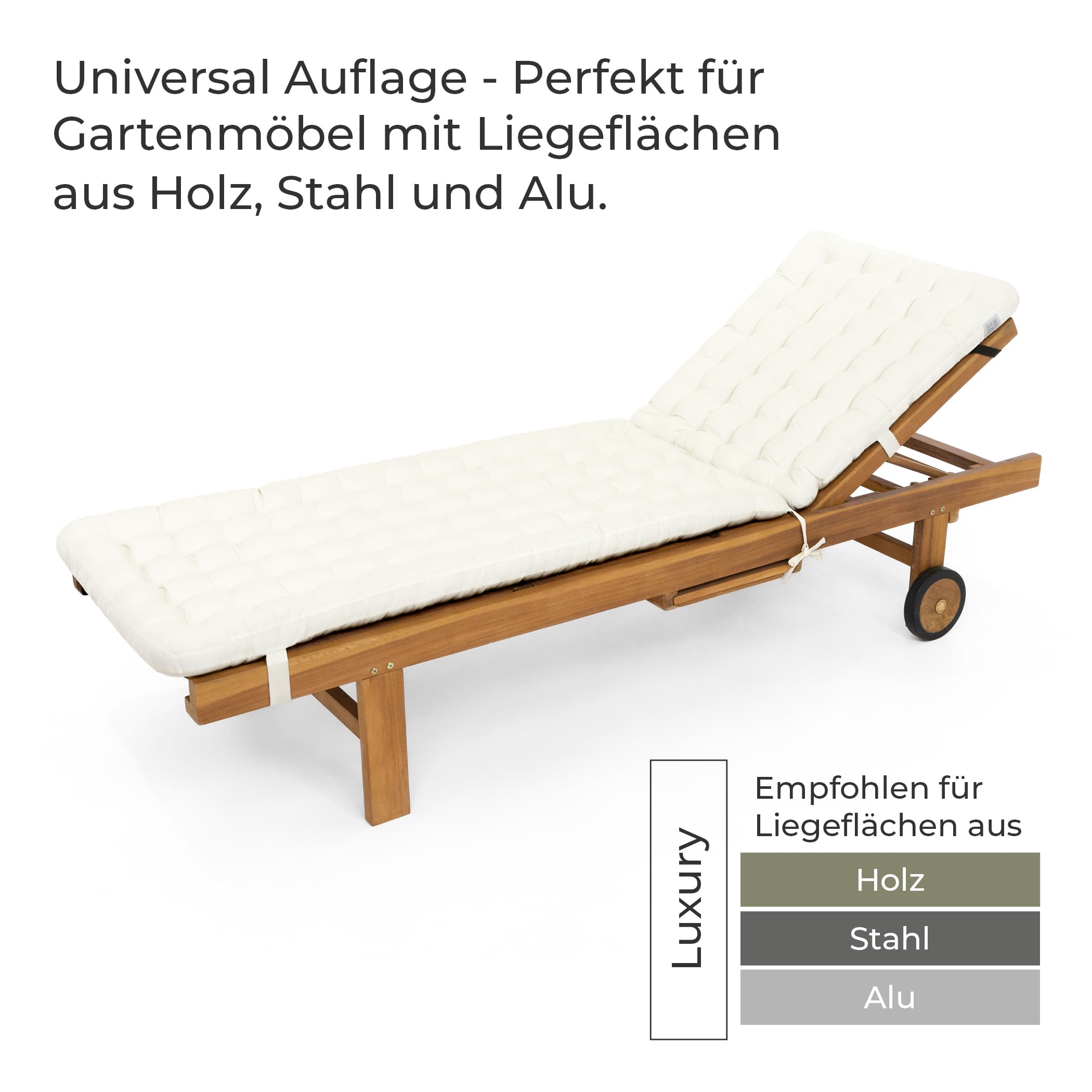 Weisse Liegenauflage auf einer Gartenliege, geeignet für Liegeflächen aus Holz, Stahl und Aluminium.