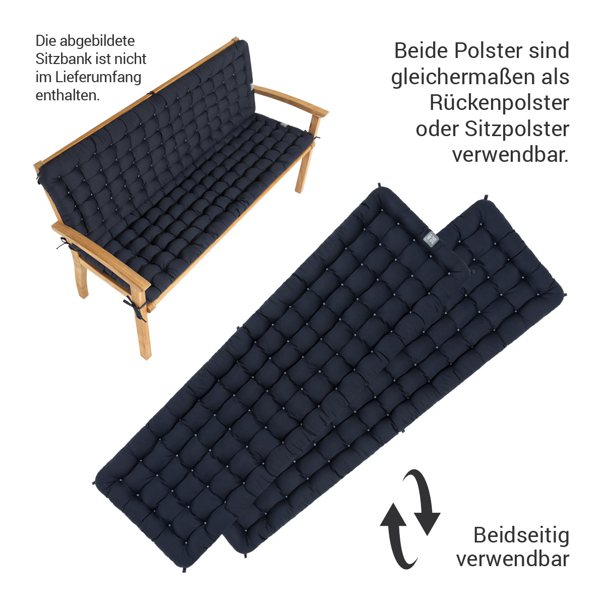 Gartenbank Auflagen mit Rückenpolster | Marine-Blau | HAVE A SEAT Living HAVE A SEAT Living Auflagen für Gartenbank mit Rückenteil | Marine-Blau | beidseitig verwendbar, die abgebildete Bank ist nicht im Lieferumfang enthalten