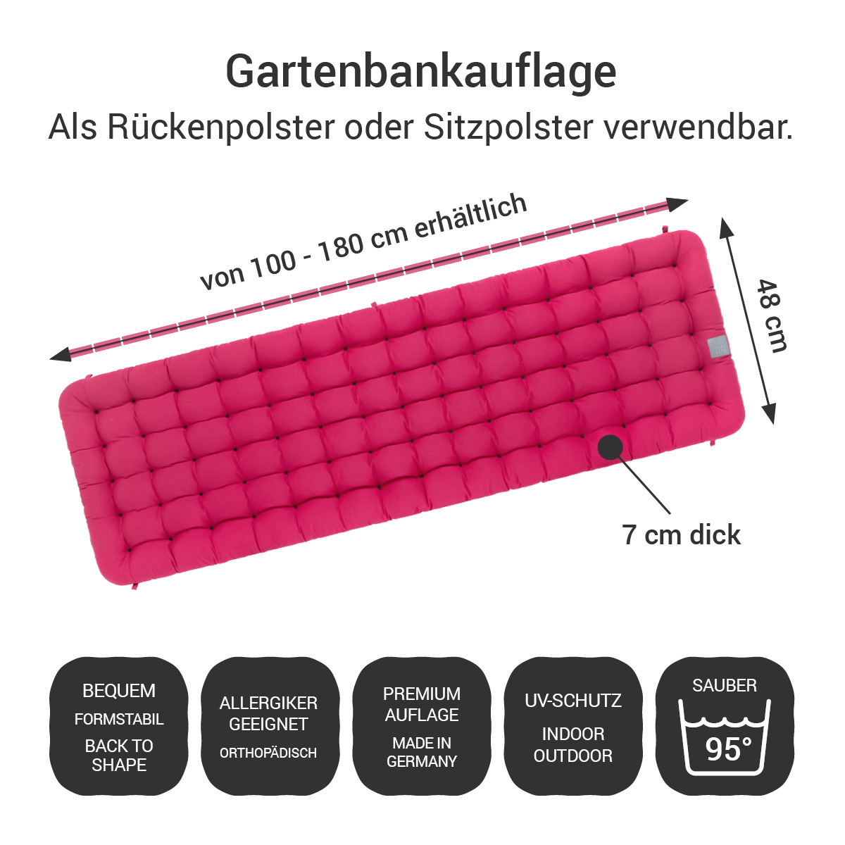 Gartenbank Auflagen pink 2tlg. (Sitz- / Rückenpolster) bequem, Allergiker geeignet, orthopädisch, UV-Schutz, Indoor / Outdoor, Made in Germany