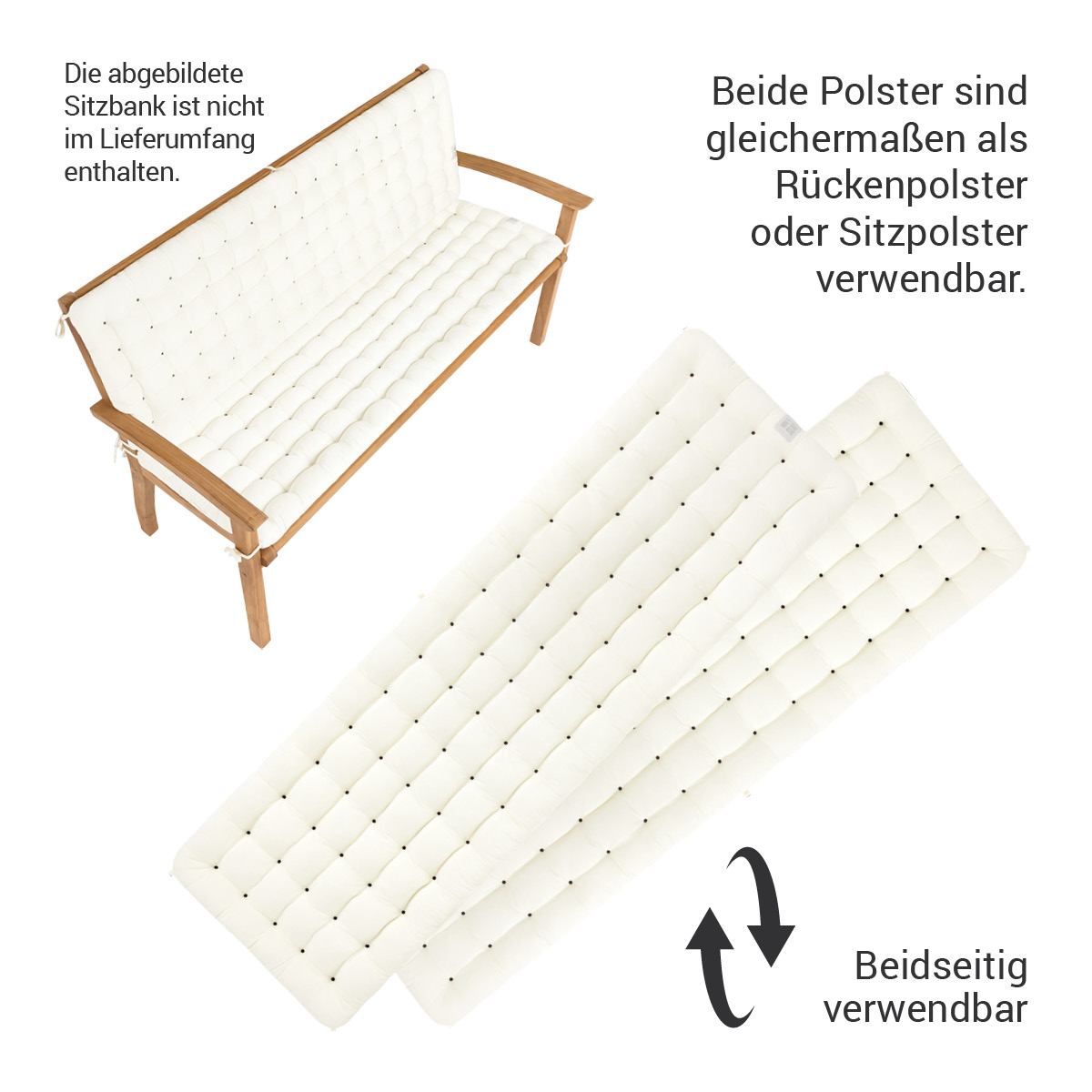 Gartenbank Auflagen mit Rückenpolster | Weiß | HAVE A SEAT Living HAVE A SEAT Living Auflagen für Gartenbank mit Rückenteil | Weiß | beidseitig verwendbar, die abgebildete Bank ist nicht im Lieferumfang enthalten