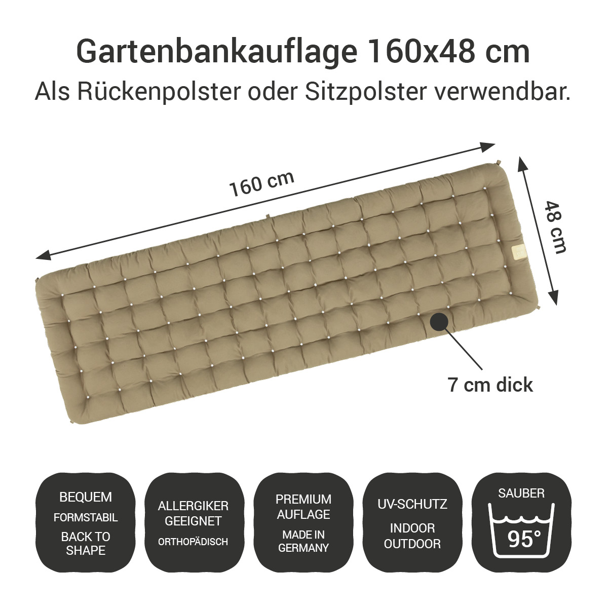 Gartenbank Auflage goldbraun 160x48 cm / 160 x 50 cm | bequem & orthopädisch, komplett im Ganzen waschbar bis 95°C, wetterfest, Made in Germany