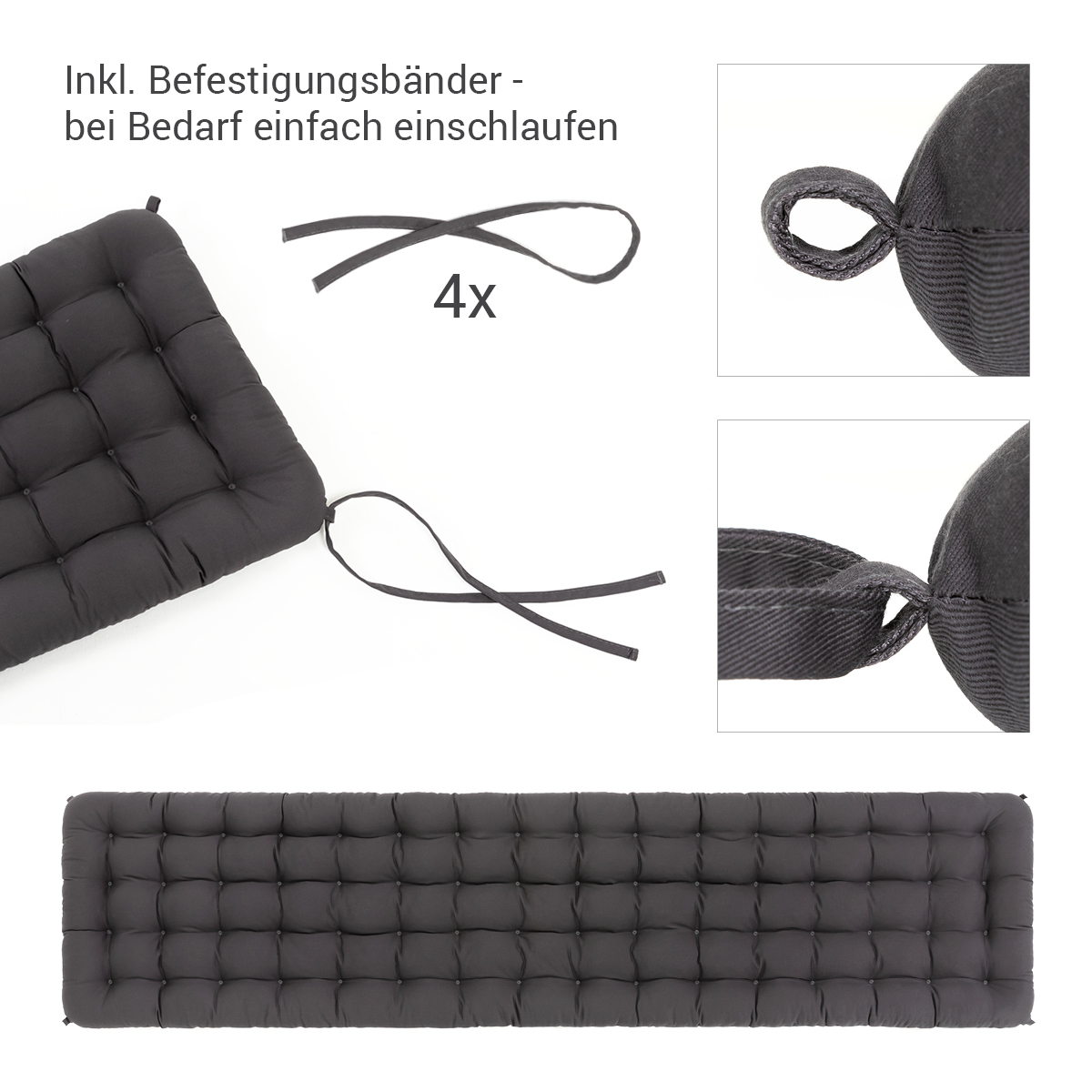 Hochwertige, Premium Auflage Sitzbank Grau / Anthrazit mit Bändern / Schlaufen | HAVE A SEAT Living - Made in Germany