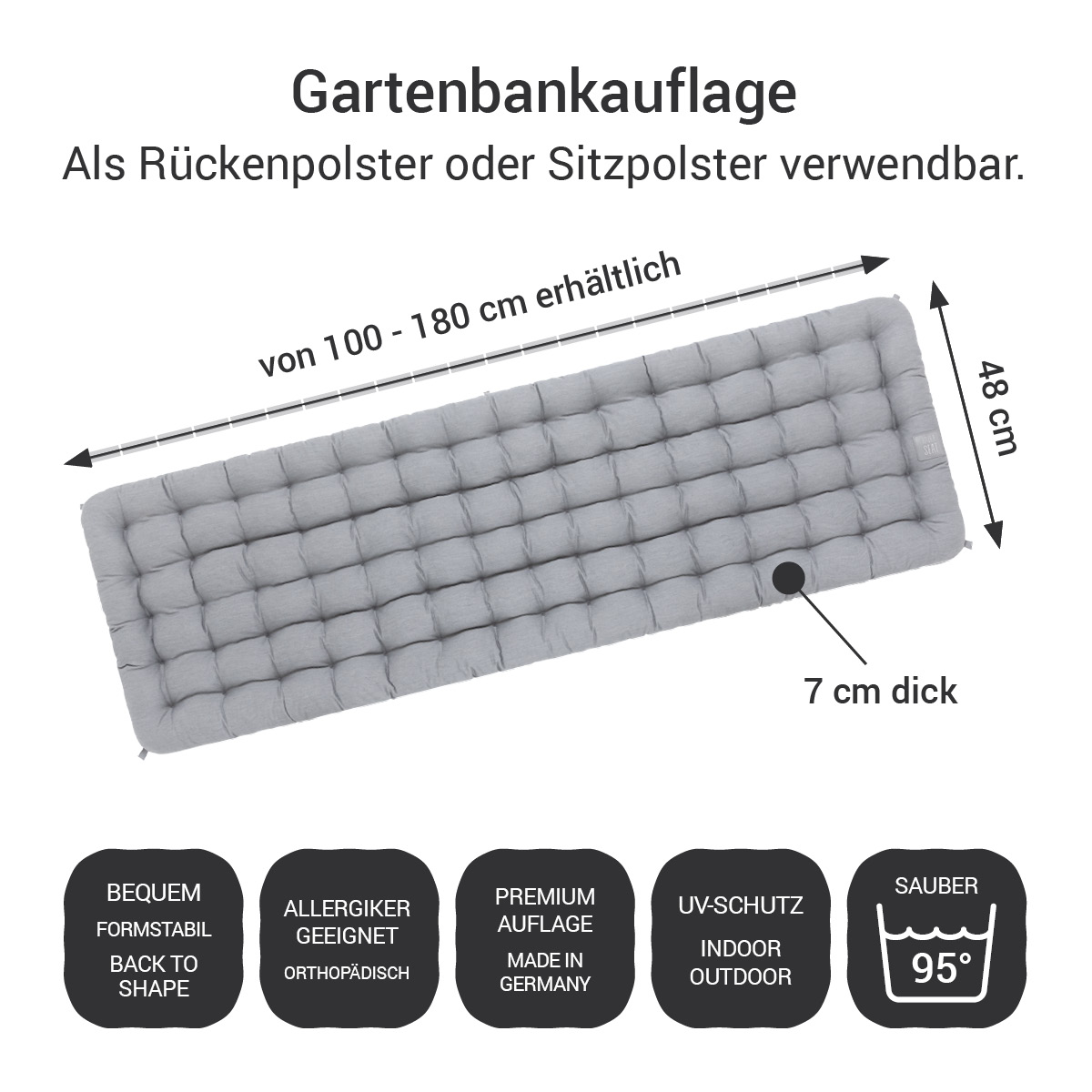 Polsterauflage für Gartenbank | Hellgrau | 100 - 180 cm | HAVE A SEAT Living Hellgraue Gartenbankauflage | bequem, formstabil, Allergiker geeignet, orthopädisch, UV-Schutz, Indoor / Outdoor, Made in Germany
