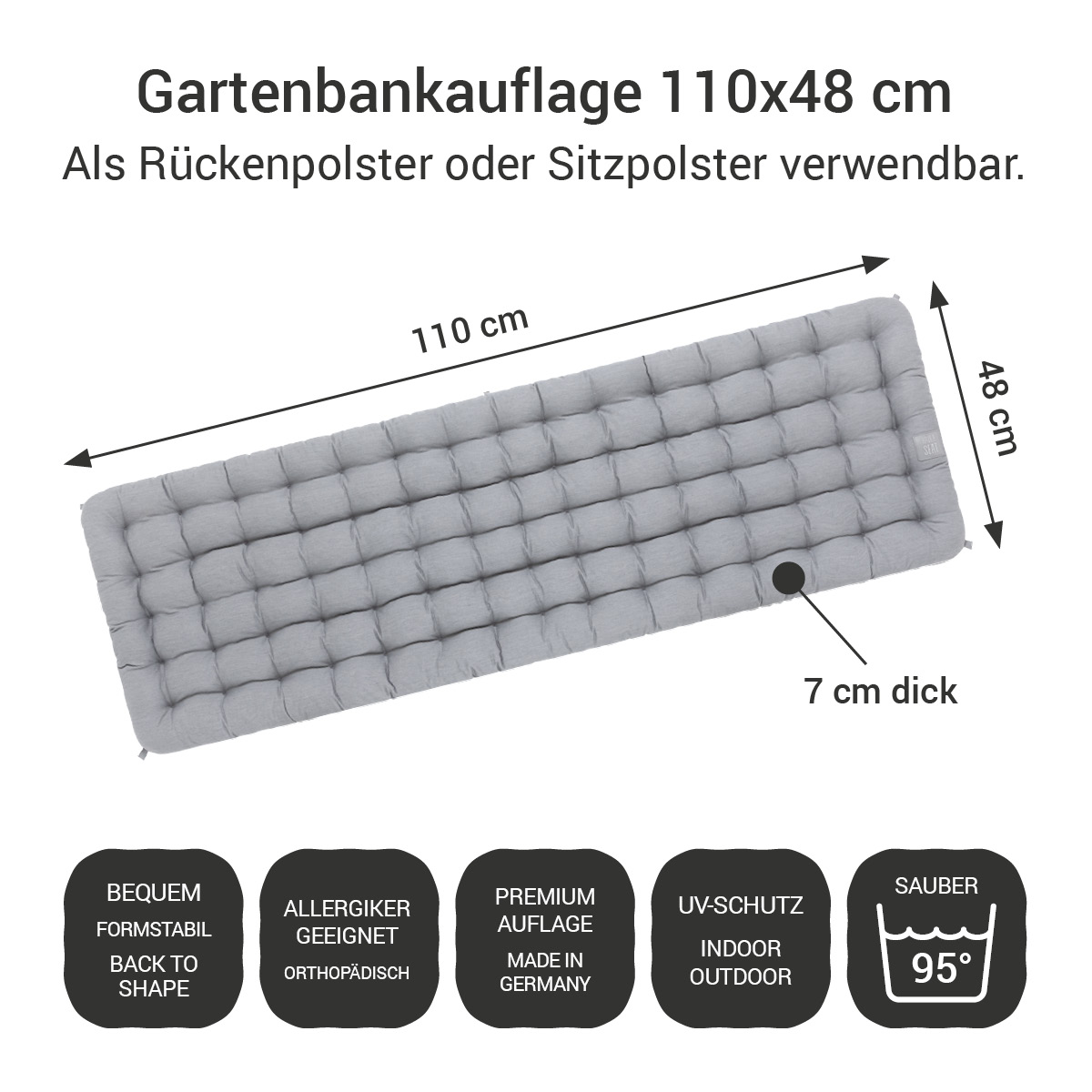 Gartenbankauflage hellgrau | 110x48 cm / 110 x 50 cm | bequem & orthopädisch, komplett im Ganzen waschbar bis 95°C, wetterfest, Made in Germany