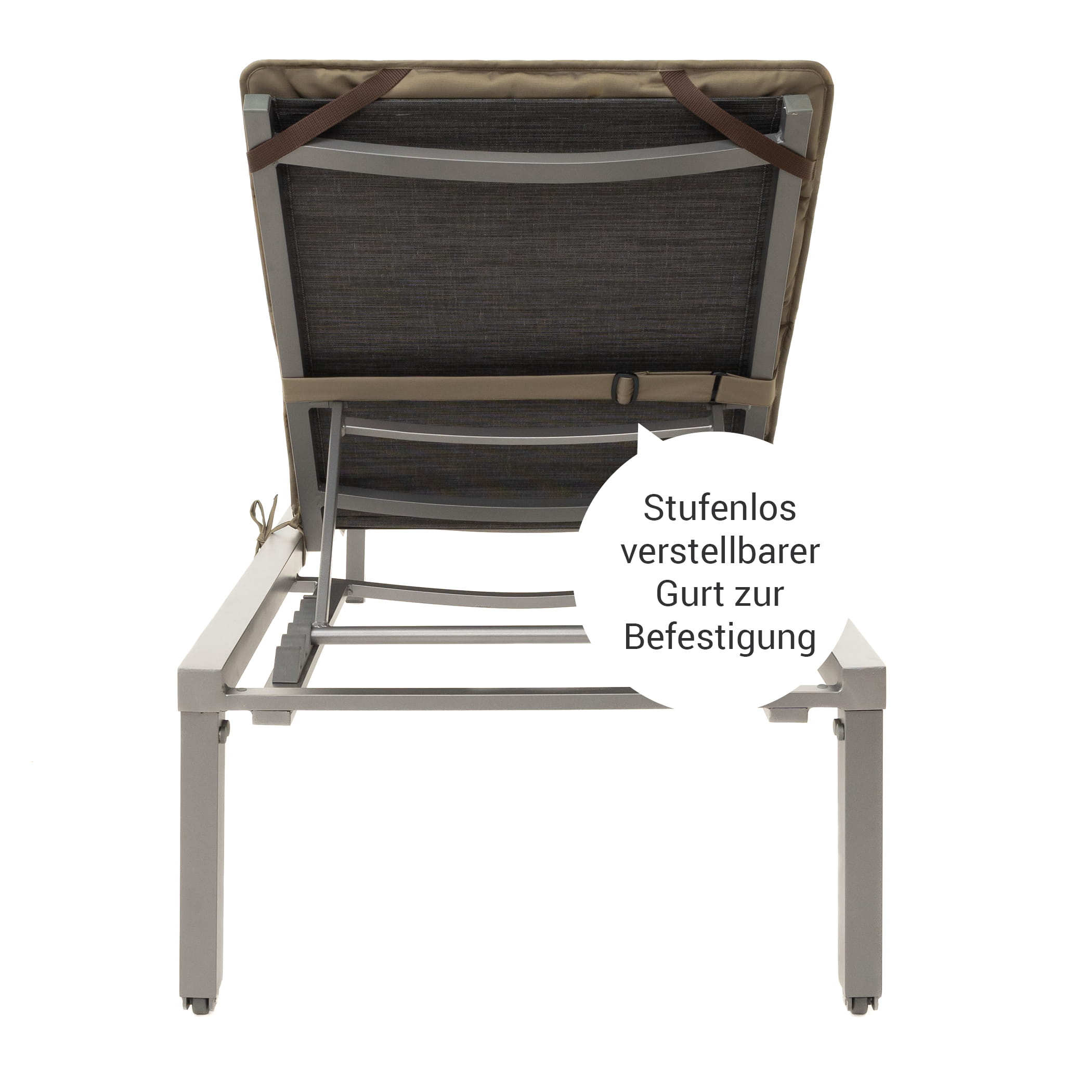 Rückseite wetterfeste Liegenauflage Flair in Grau / Anthrazit mit Befestigungsgurt – sicherer Halt auf Polyrattan- oder Mesh-Liegen