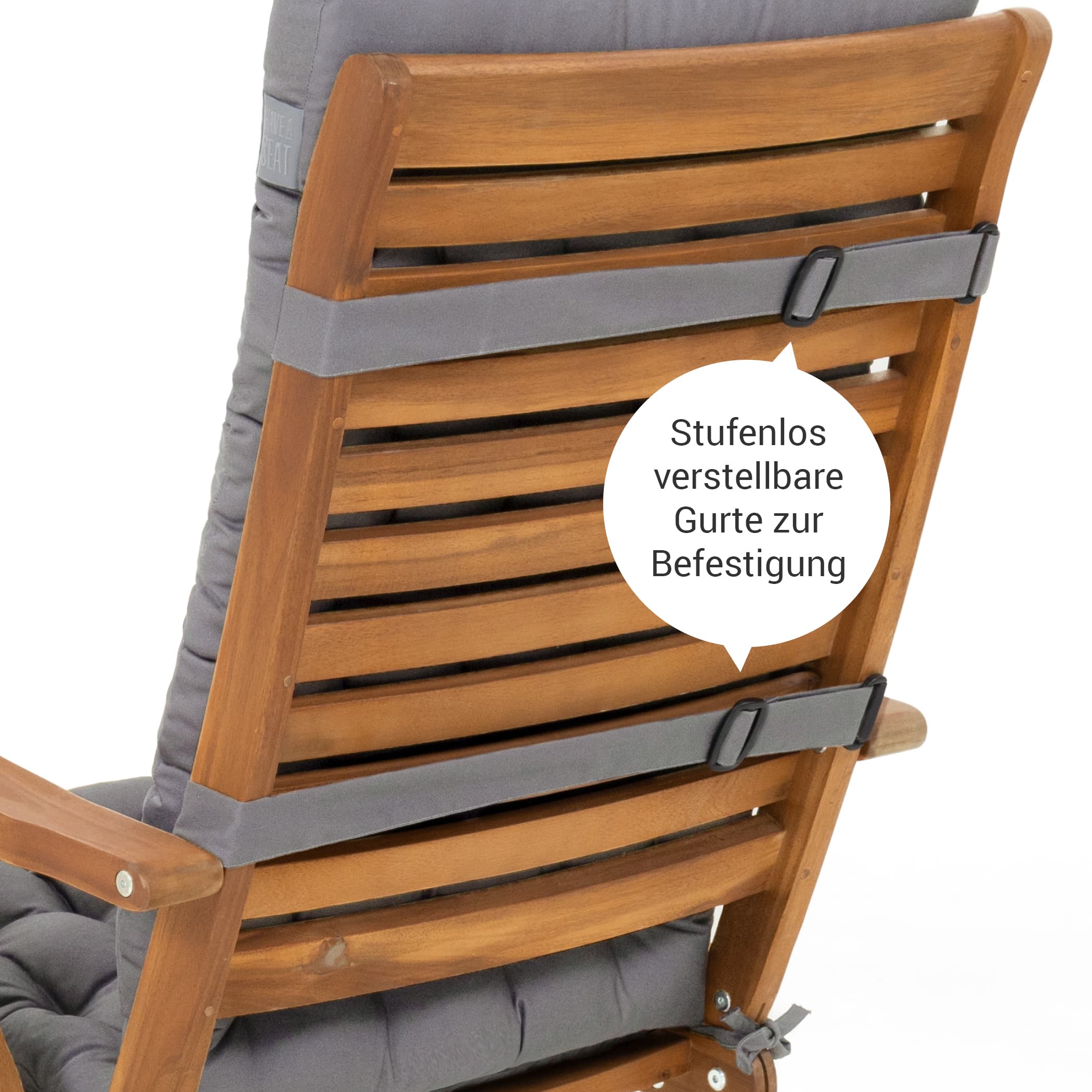 Gartenstuhlauflage Hochlehner | Hellgrau | HAVE A SEAT Living | Made in Germany Hochlehner Auflage Luxury in Hellgrau - Detailansicht der Stufenlos verstellbaren Gurte zur Befestigung - Rückansicht