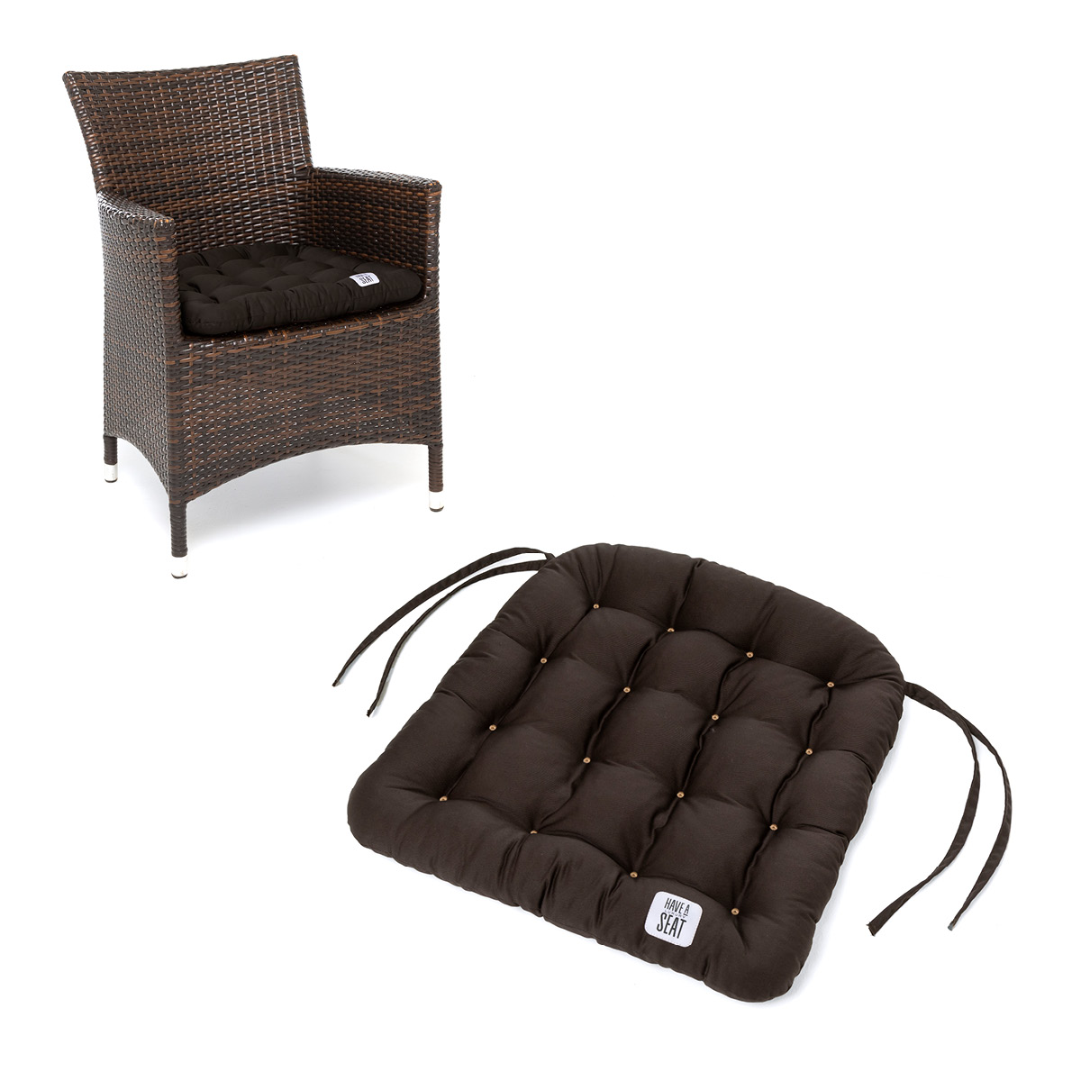 Stuhlauflage 48x46 cm | Braun HAVE A SEAT Living Sitzkissen 48x46 cm konisch Braun| bequemes, Outdoor Stuhlkissen in hochwertiger Qualität mit Bändern für Rattanstuhl