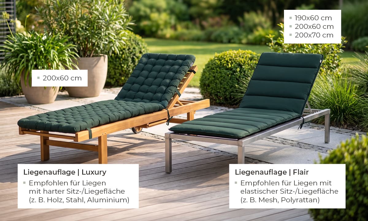 Zwei Gartenliegen nebeneinander auf einer Terrasse – links Liegenauflage Luxury für harte Liegeflächen, rechts Liegenauflage Flair für elastische Liegeflächen, beide in Dunkelgrün – HAVE A SEAT Gartenliegen-Auflagen.