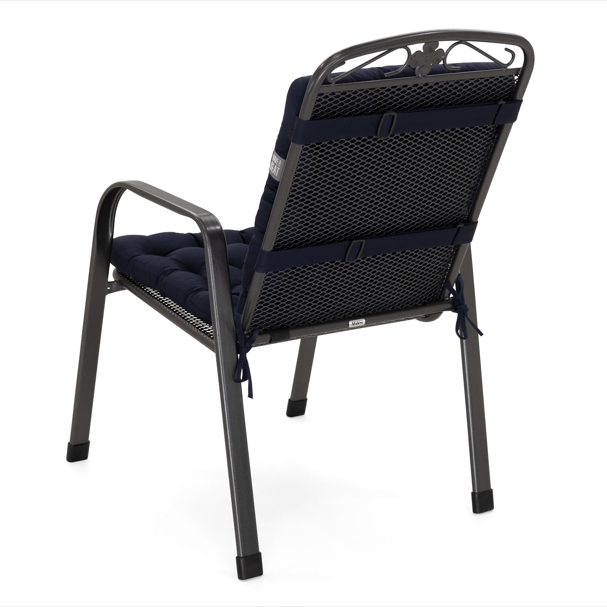 Polsterauflage Niedriglehner | Marine-Blau | HAVE A SEAT Living Stuhlauflage Niedriglehner Luxury in Marine Blau auf einem MWH Metall-Gartensessel Savoy - Rückansicht mit Darstellung der Befestigungsbänder