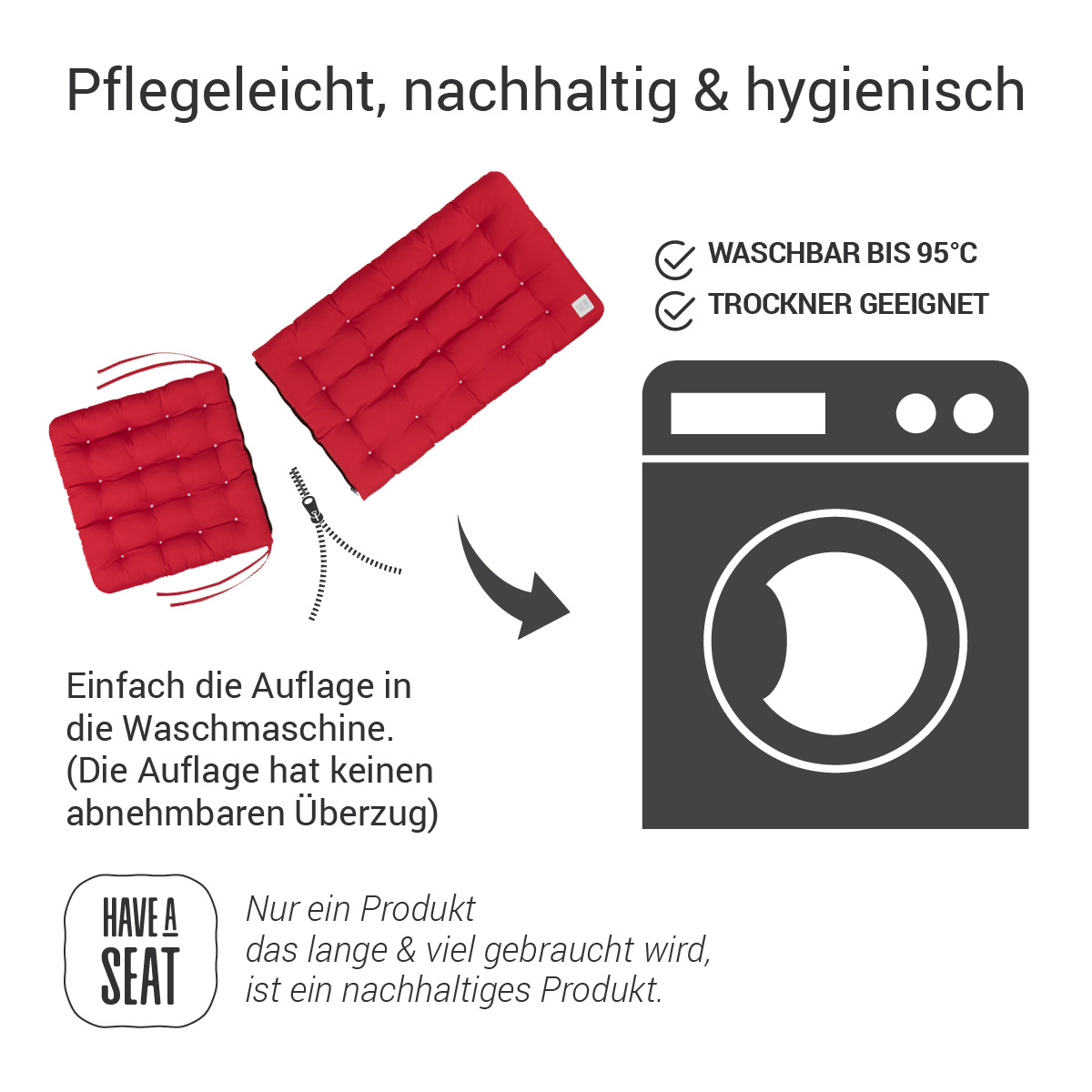 Auflage Hochlehner rot,  komplett waschbar bis 95° C / Trockner geeignet | Rückenteil und Sitzpolster sind mit Reißverschluss verbunden