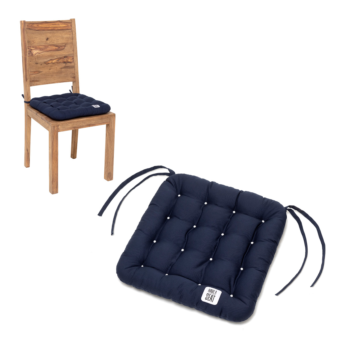 HAVE A SEAT Living Stuhlkissen 40x40 cm Marine-Blau | bequemes, orthopädisches Sitzkissen in hochwertiger Qualität mit Bändern für Holzstuhl