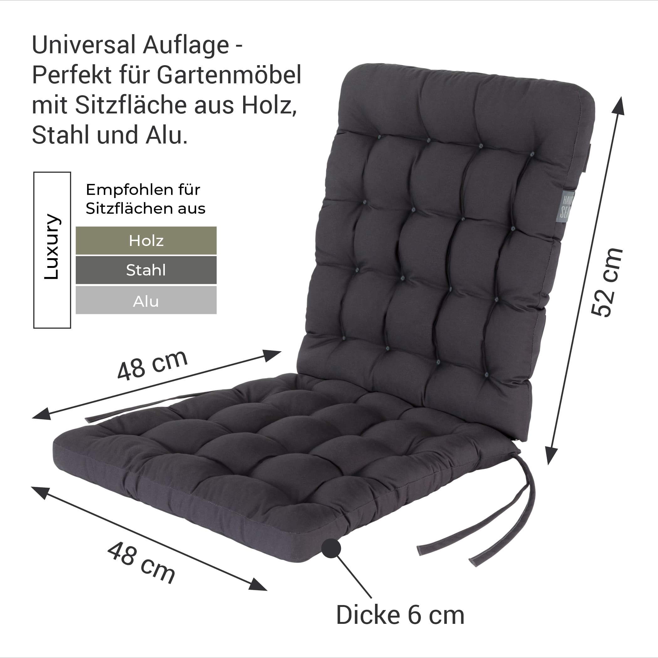 Stuhlauflage Niedriglehner 100x48 cm | Grau / Anthrazit | HAVE A SEAT Living Auflage für Niedriglehner - Serie Luxury in Grau / Anthrazit - Auflagenbreite: 48 cm, Sitztiefe 48 cm, Höhe Rückenteil: 52 cm, Dicke: ca. 6 cm