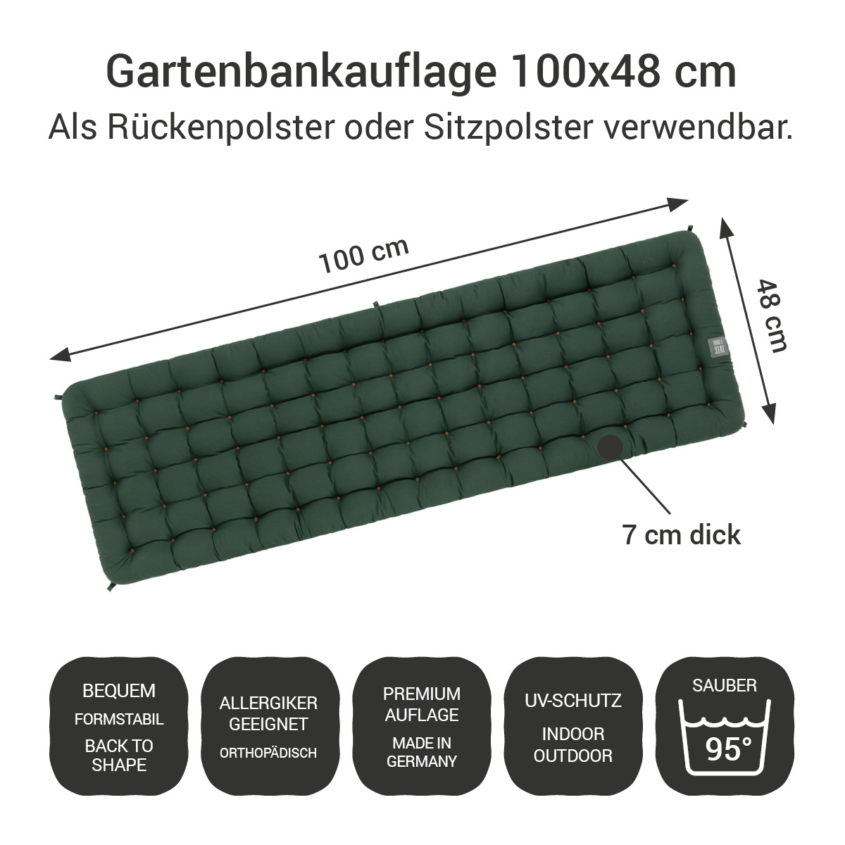 Gartenbankauflage dunkelgrün | 100x48 cm / 100 x 50 cm | bequem & orthopädisch, komplett im Ganzen waschbar bis 95°C, wetterfest, Made in Germany