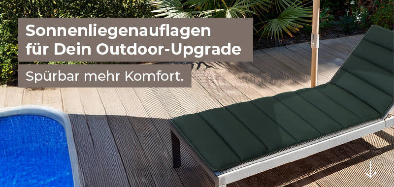 Sonnenliegenauflage in Premium-Qualität auf moderner Liege – wetterfest, waschbar & bequem – ideal für den Outdoor-Bereich