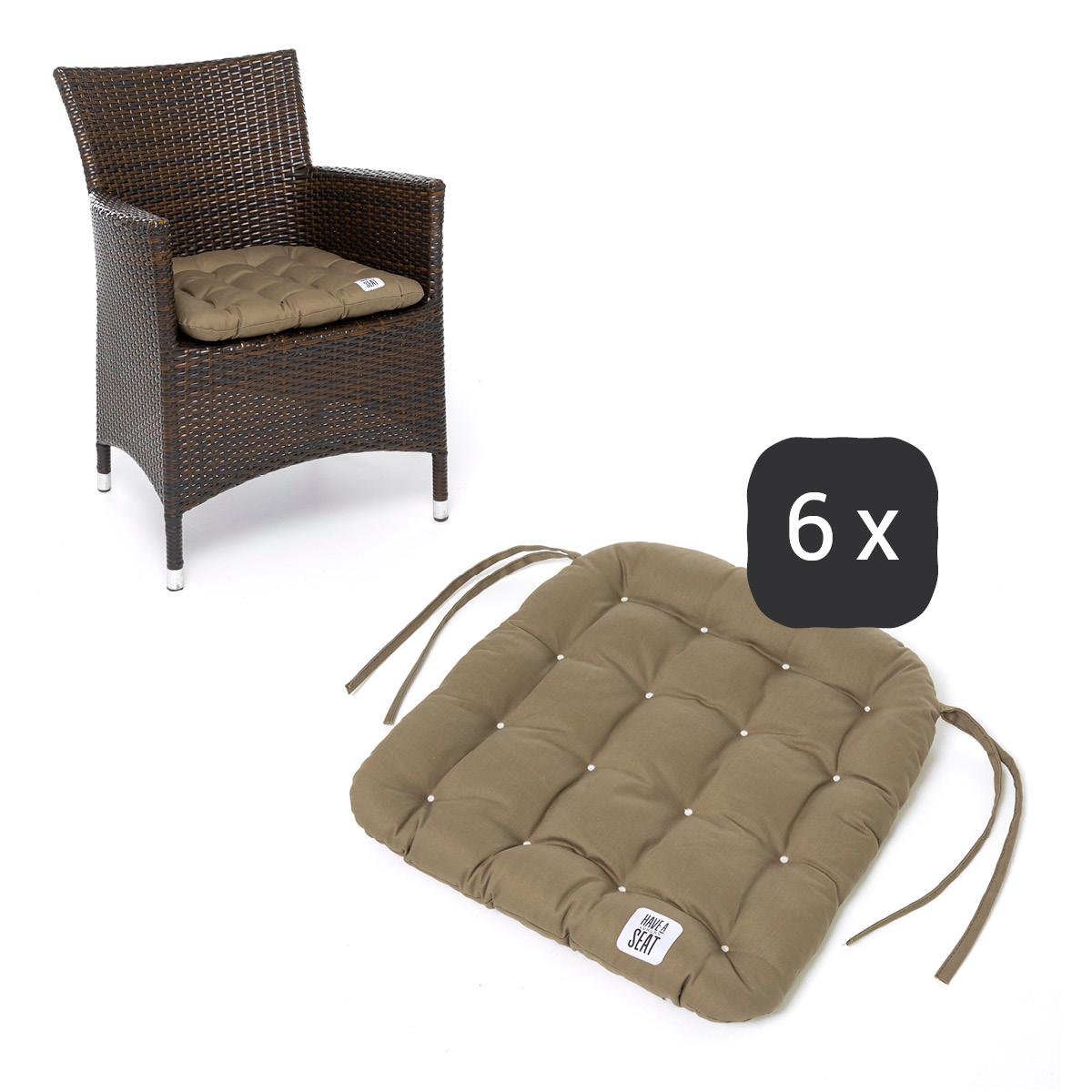 Sitzkissen für Rattanstühle 48x46 cm | Goldbraun | 6er Set | Premium-Sitzkomfort | Indoor / Outdoor | waschbar bis 95°C | HAVE A SEAT Living