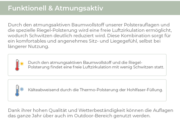 „Polsterauflagen aus atmungsaktivem Baumwollstoff mit Riegel-Polsterung und Hohlfaser-Thermofüllung – reduziert Schwitzen, kälteabweisend und wetterbeständig für Outdoor-Nutzung.“ 
     title=