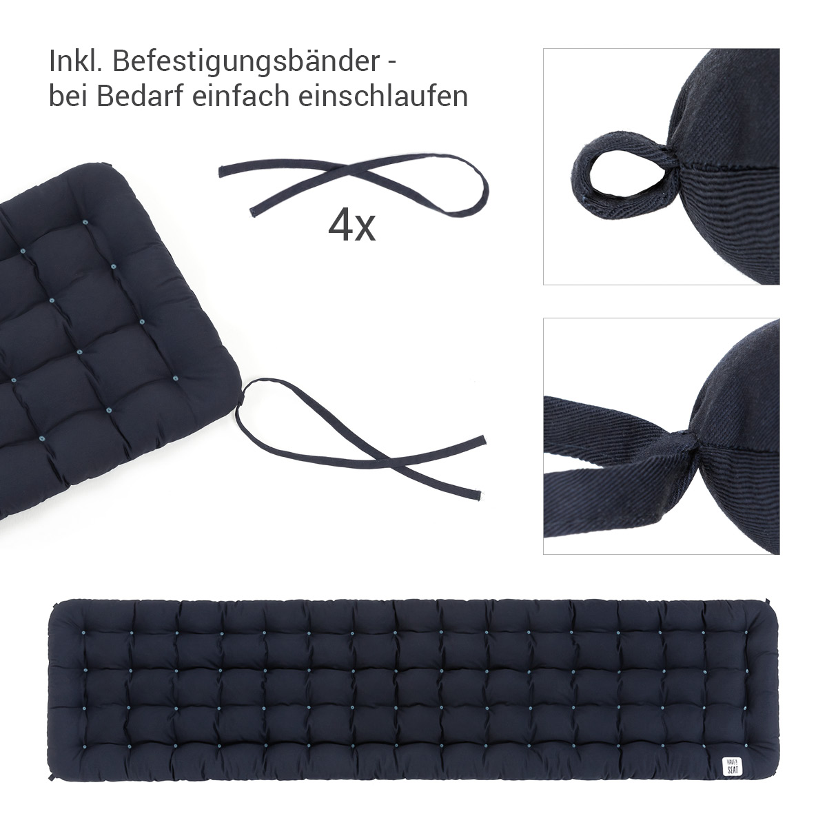 Hochwertige, Premium Auflage Sitzbank Marine-Blau mit Bändern / Schlaufen | HAVE A SEAT Living - Made in Germany