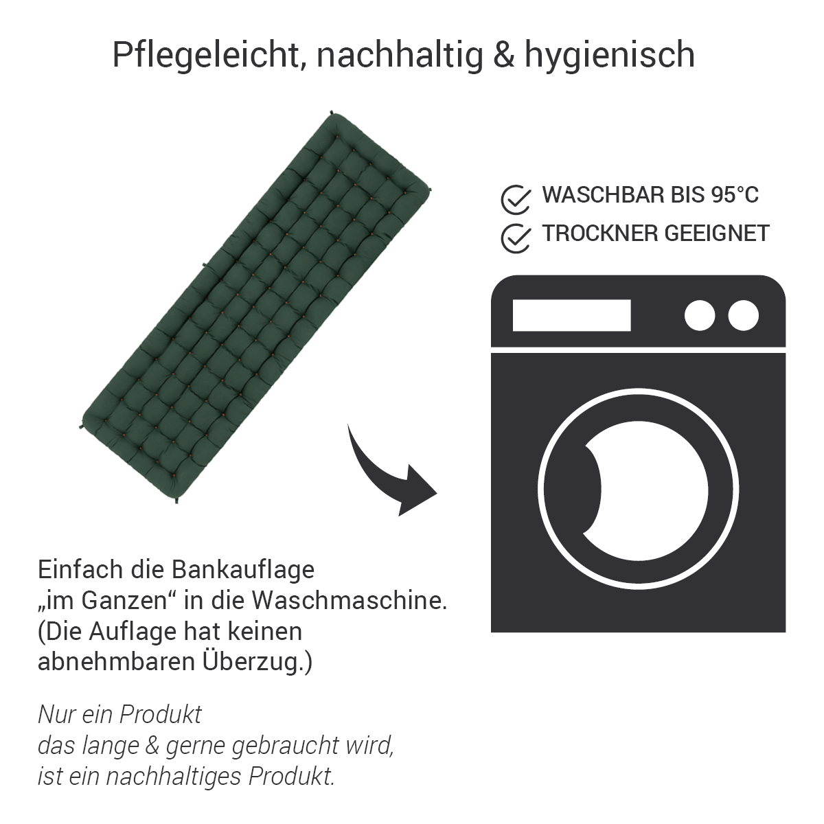 Gartenbank Auflagen-Set 2tlg. waschbar bis 95° C | Moosgrün | HAVE A SEAT Living Gartenbank Auflagen (Sitz- /Rückenkissen) dunkelgrün | komplett im Ganzen waschbar bis 95° C, Trockner geeignet, hygienisch, sauber und geruchsfrei