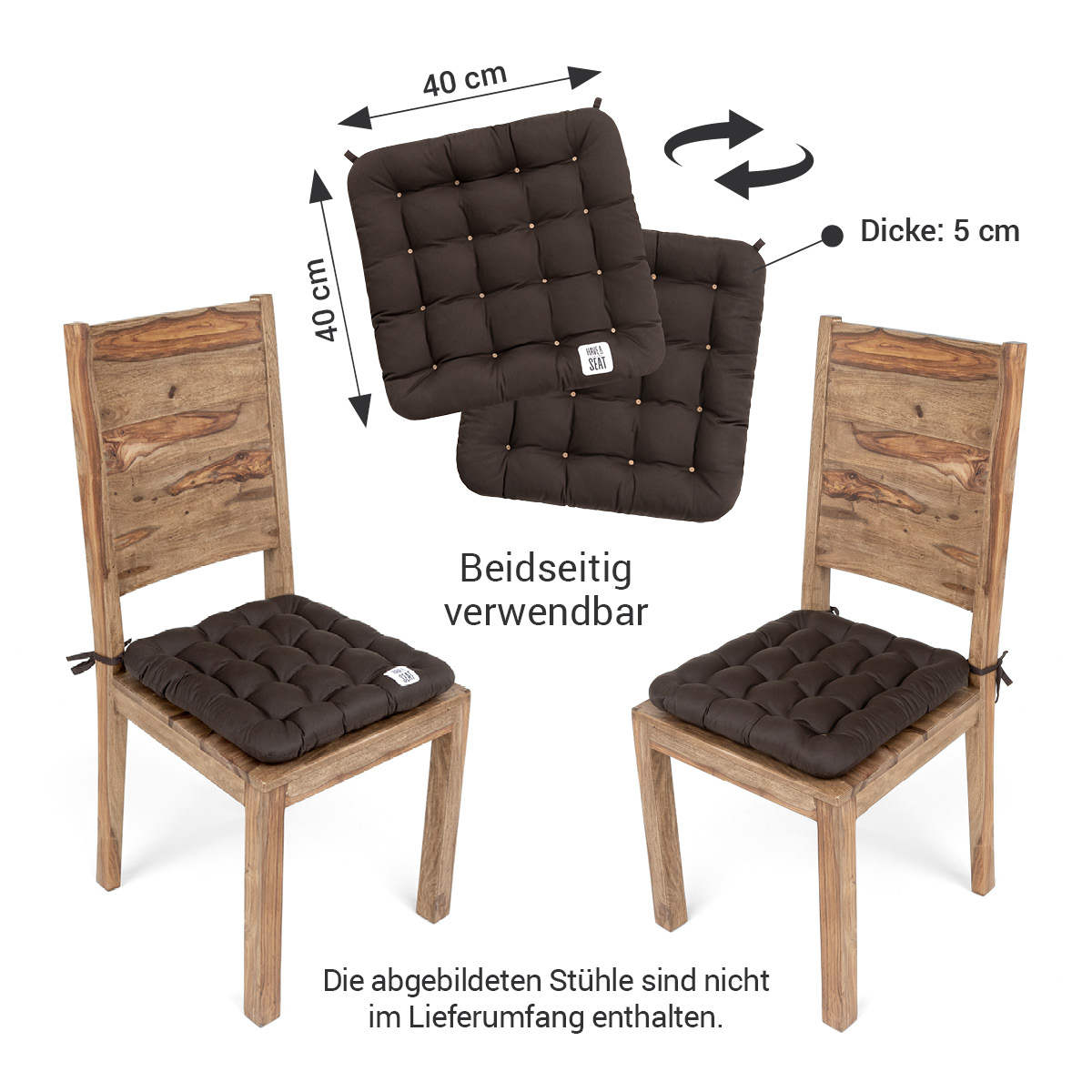 Premium Stuhlkissen 40x40 zum Binden in braun / dunkelbraun, das Stuhlsitzkissen kann auf beiden Seiten verwendet werden | HAVE A SEAT Living