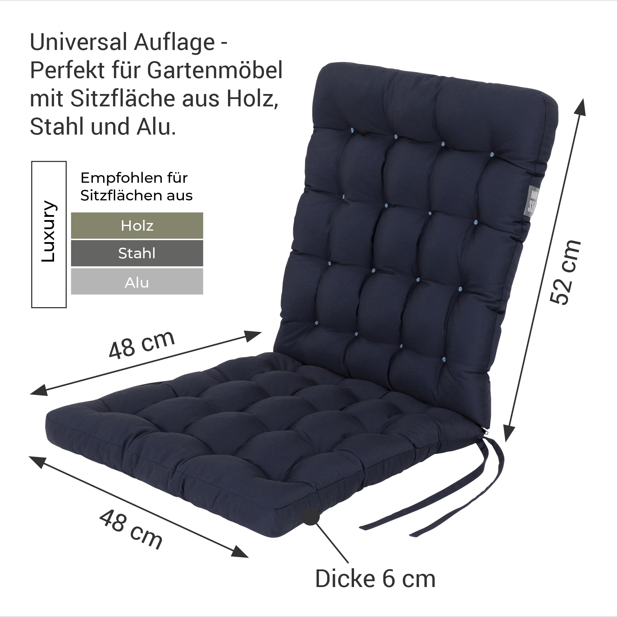 Stuhlauflage Niedriglehner 100x48 cm | Marine-Blau | HAVE A SEAT Living Auflage für Niedriglehner - Serie Luxury in Marine Blau - Auflagenbreite: 48 cm, Sitztiefe 48 cm, Höhe Rückenteil: 52 cm, Dicke: ca. 6 cm