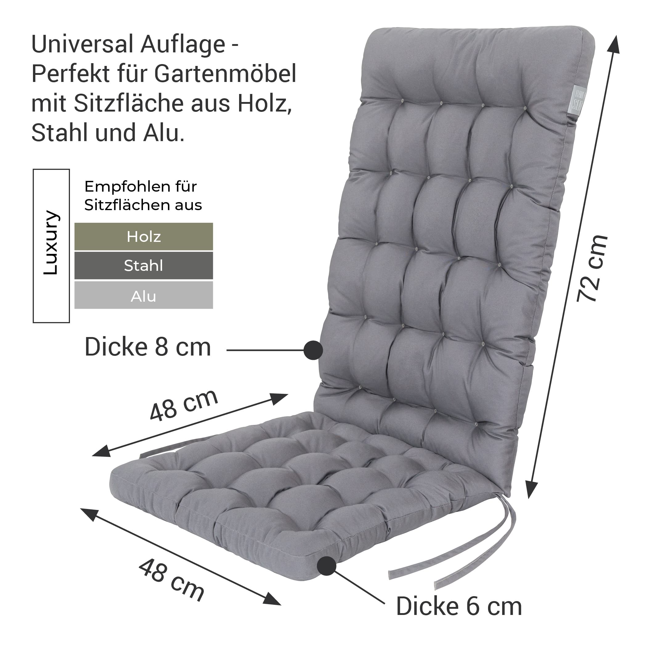 Stuhlauflage Hochlehner 120x48 cm | Hellgrau | HAVE A SEAT Living Hellgraue Stuhlauflage für Hochlehner Gartenstuhl | Rückenpolster 72x48 cm / Dicke 8 cm, Sitzkissen 48x48 cm / Dicke 6 cm, Gesamtgröße 120x48 cm