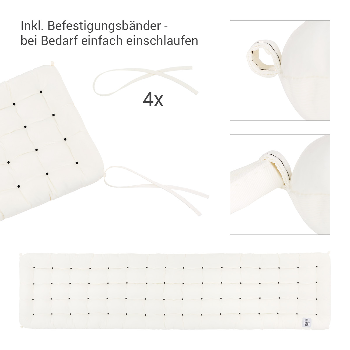 Hochwertige, Premium Auflage Sitzbank Weiß mit Bändern / Schlaufen | HAVE A SEAT Living - Made in Germany