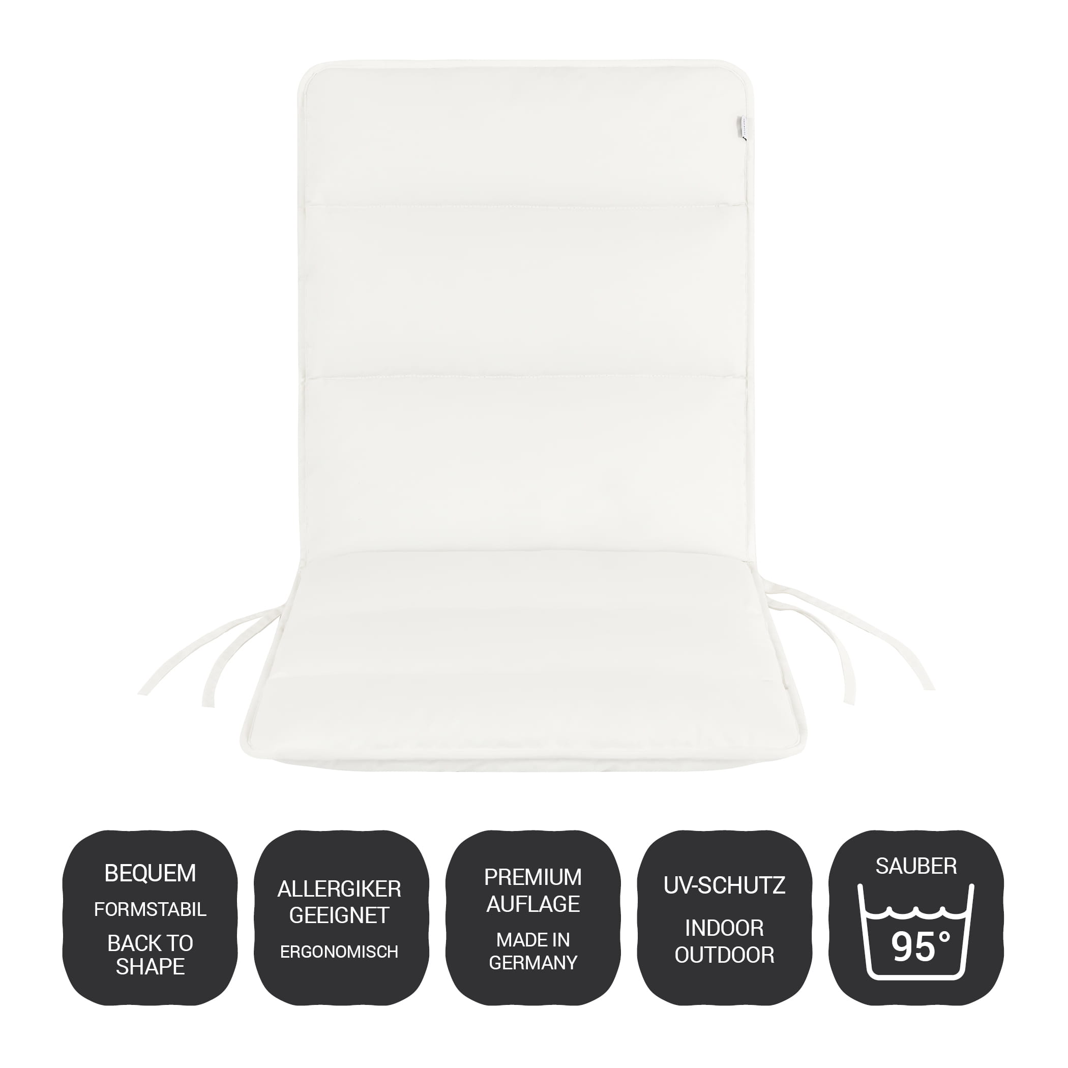 Premium Niedriglehner Auflage Flair 100x48 cm in Weiss – Eigenschaften: waschbar bis 95°C, wetterfest, ergonomisch, bequem, Made in Germany