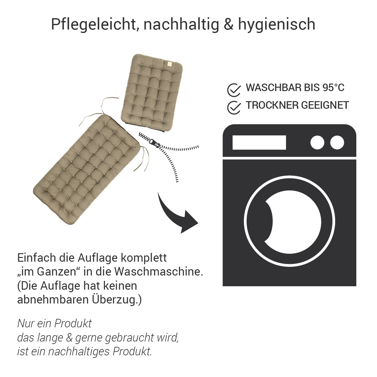 Deckchair Auflage  goldbraun / taupe mit Nackenkissen, komplett waschbar bis 95°C (das Sitzpolster & Kissen haben keinen Überzug) | HAVE A SEAT Living