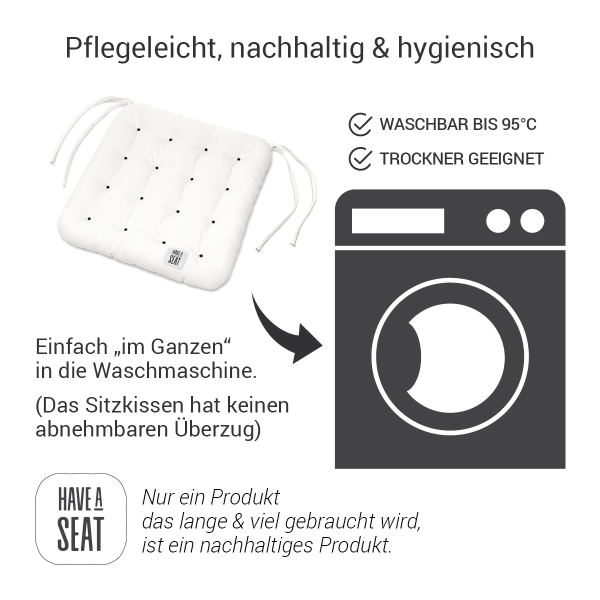 Sitzkissen Weiß waschbar bis 95°C im Ganzen (das Sitzkissen für Stühle hat keinen Überzug), Allergiker geeignet, Nachhaltig | HAVE A SEAT Living