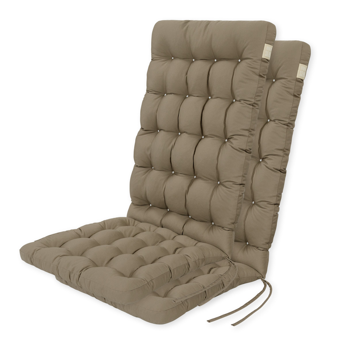 Sitzauflagen Hochlehner goldbraun | 2er Set. | dicke Polsterung, 8/6 cm, wetterfest | mit Befestigungsbänder für Gartenstühle | HAVE A SEAT Living 