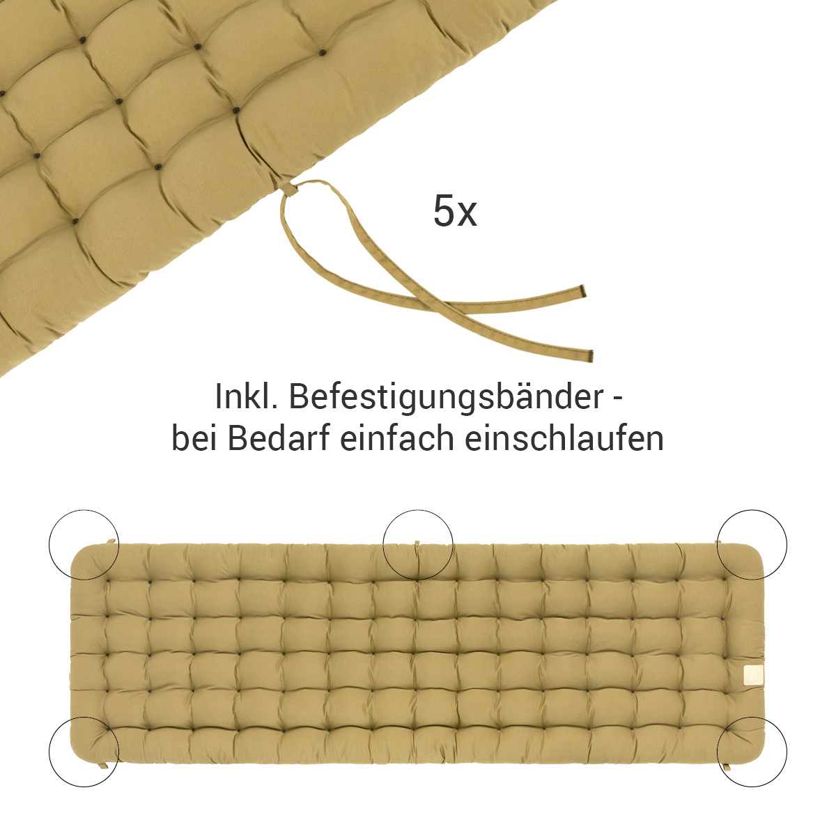 HAVE A SEAT Living | Gartenbank Sitzpolster mit 5 Bändern | Beige HAVE A SEAT Living Polsterauflage für Gartenbank mit 5 Bänder die nach Bedarf zur Befestigung an Gartenmöbel / Sitzbank verwendet werden