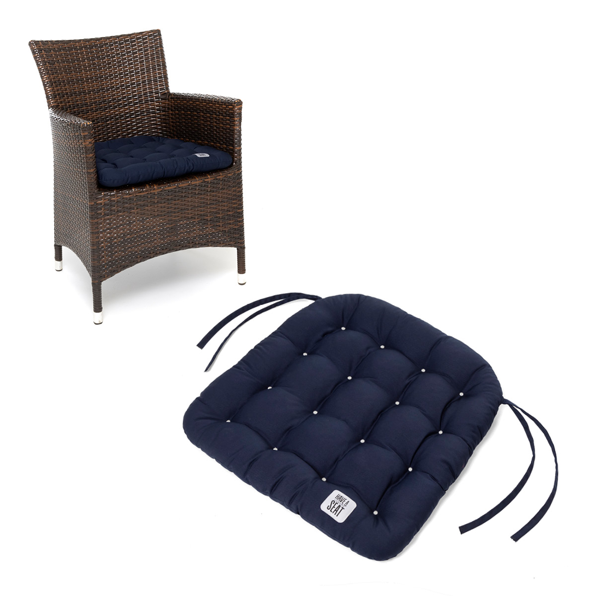 HAVE A SEAT Living Sitzkissen 48x46 cm konisch Marine-Blau | bequemes, Outdoor Stuhlkissen in hochwertiger Qualität mit Bändern für Rattanstuhl