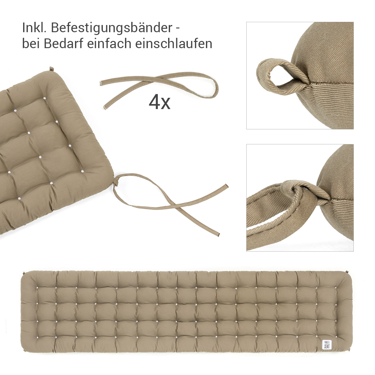 Hochwertige, Premium Auflage Sitzbank goldbraun mit Bändern / Schlaufen | HAVE A SEAT Living - Made in Germany
