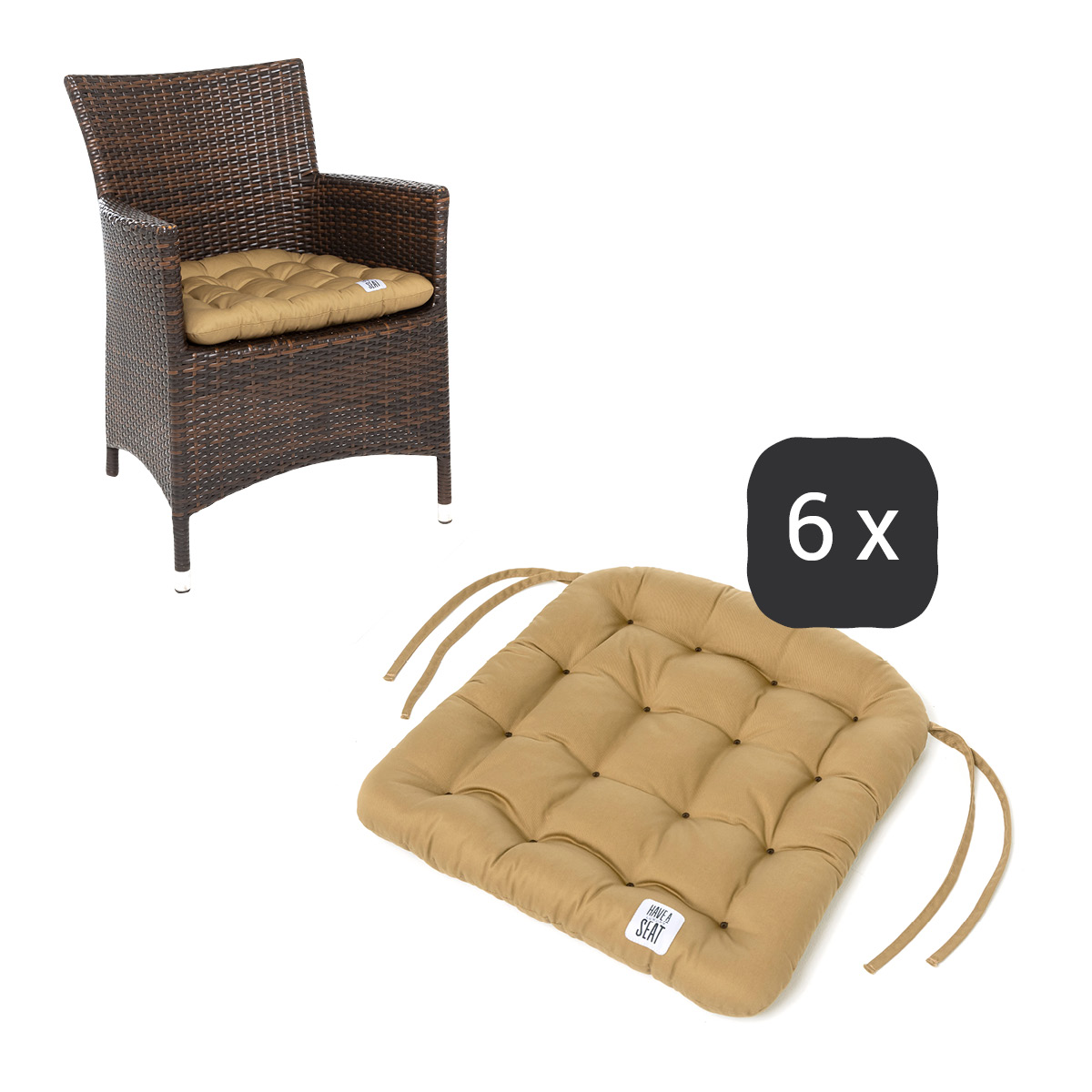 Sitzkissen für Rattanstühle 48x46 cm | Beige | 6er Set | Premium-Sitzkomfort | Indoor / Outdoor | waschbar bis 95°C | HAVE A SEAT Living