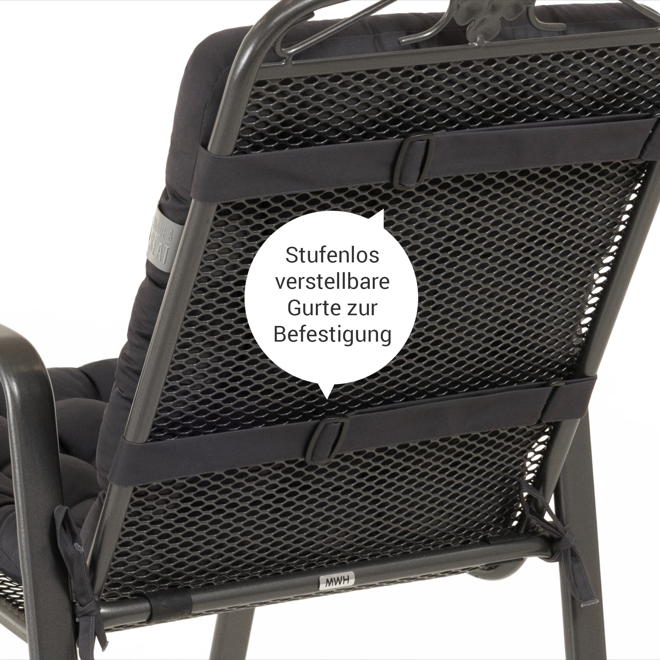 Sitzauflage Niedriglehner Luxury in Grau / Anthrazit - Detailansicht der Stufenlos verstellbaren Gurte zur Befestigung - Rückansicht